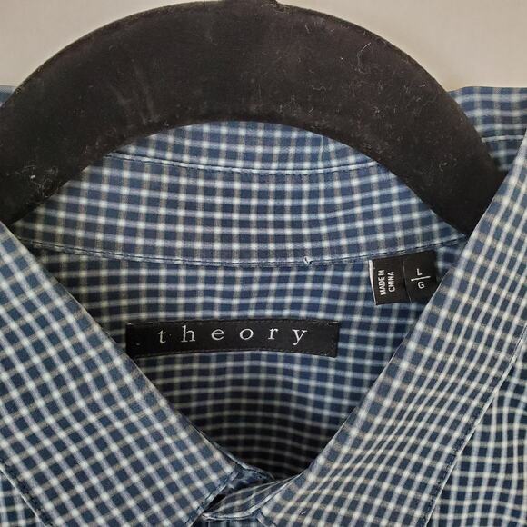 Theory Shirt Mens Large Zack PS Button Front Long Sleeve Checked Plaid Navy Blue - Picture 3 of 9
